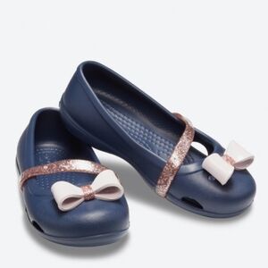 CROCS Lina Ballet Flats Navy Shoes with Pink Glitter Accents